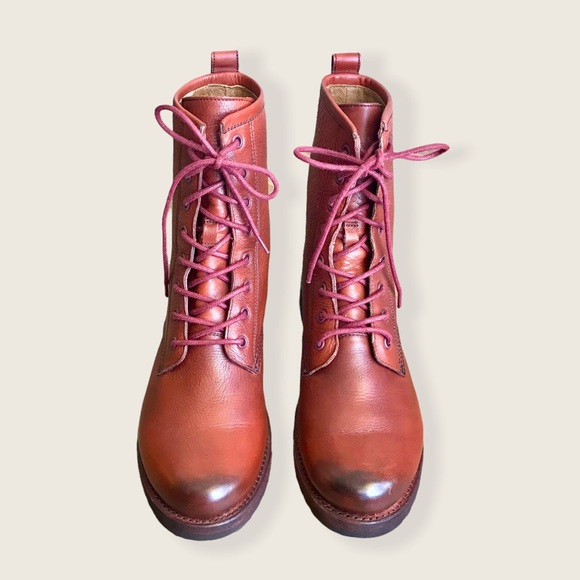 Frye Veronica Combat Red Clay Cognac Leather Lace Up Moto Everyday Ankle Boots - Picture 11 of 16